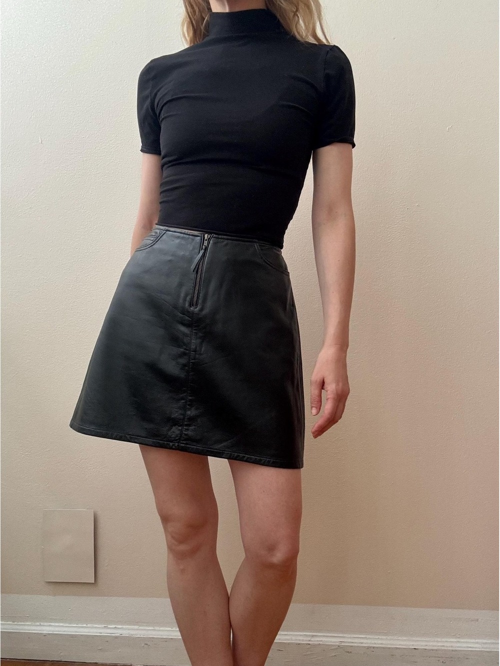 Vintage 1990s DKNY Black Leather Mini Skirt